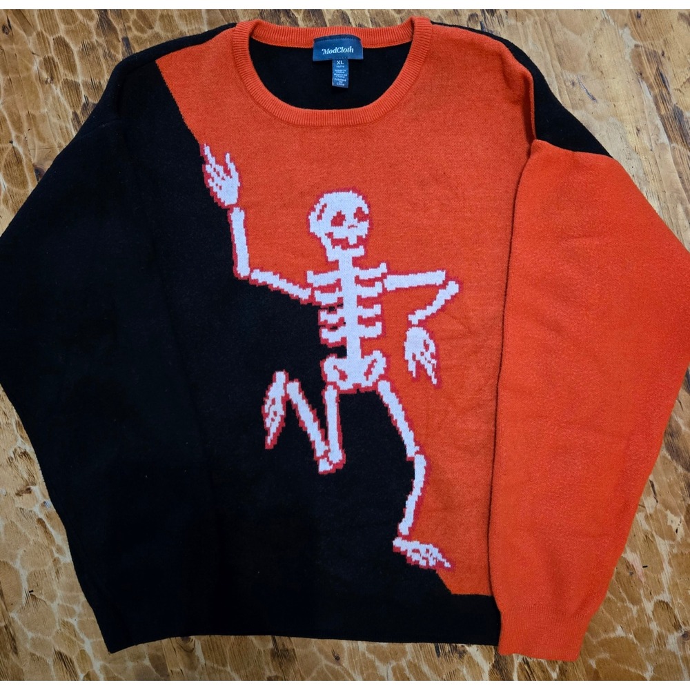 ModCloth Skeleton Halloween Colorblock Sweater XL Black Orange Crewneck Knit